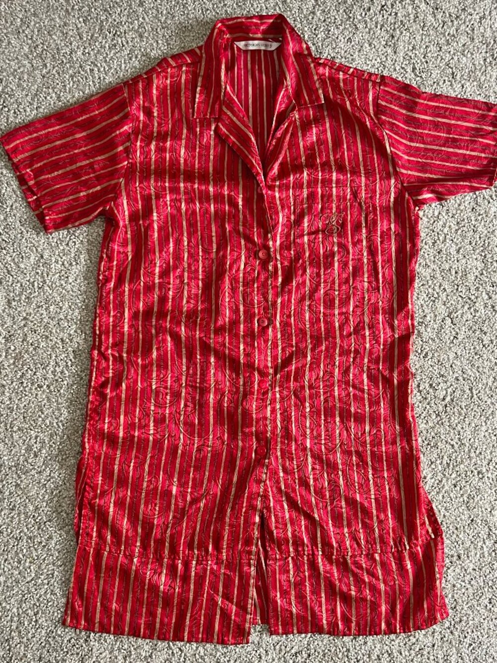 90s Victoria’s Secret Red Striped Oversized Button Down Nightgown Embroidered S